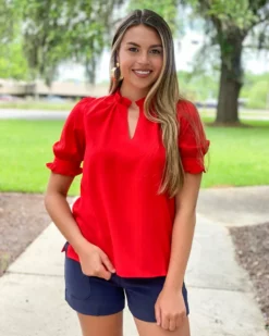 OO Boutique Ruffled Short Sleeve Blouse (Red) Tops