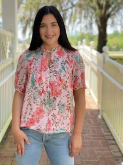 Jade Ruffles Tie Front Top (Pink Garden)