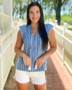 OO Boutique Flutter Sleeve Tie Top (Blues Eye)