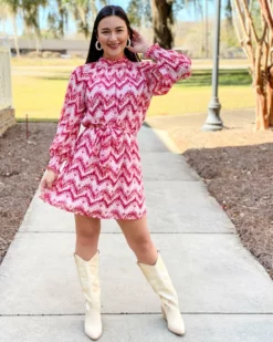 Jade Clinched Neck Dress (Red Ikat)