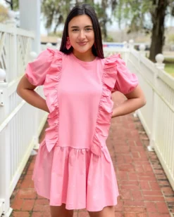 English Factory Mixed Media Ruffle Detail Mini Dress (Pink)