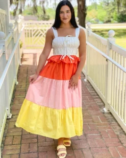 OO Boutique Dresses Color Block Tied Detail Shirring Dress (Multi)