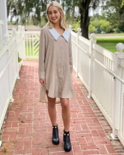 OO Boutique Shirts Dress With Contrast Collar (Beige/White)