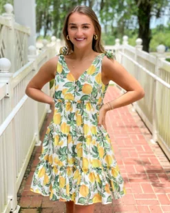 English Factory Dresses Lemon Print Tiered Mini Dress (Yellow)