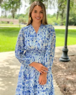 OO Boutique Dresses Smocked Tiered Maxi (Blue Ikat)