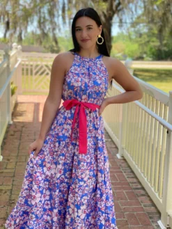 OO Boutique Dresses Tiered Halter Maxi Dress (Blue Floral)