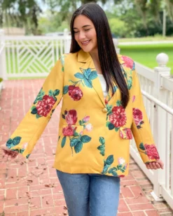 Beulah Style Floral Satin Blazer Jacket (Yellow)