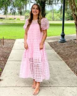 English Factory Organza Gridded Puff Sleeve Maxi Dress (Pink)