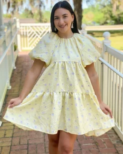 OO Boutique Floral Jacquard Tiered Midi High Low (Yellow) Dresses