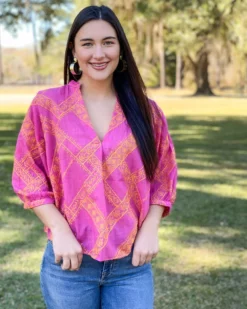 Ivy Jane Embroidered Popover Top (Hot Pink)