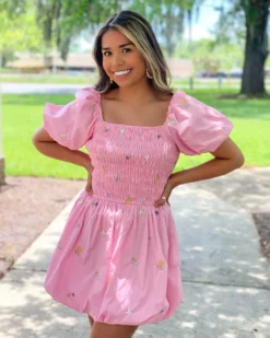 English Factory Floral Embroidery Smocked Dress (Pink Multi) Dresses