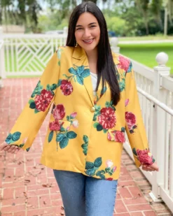Beulah Style Floral Satin Blazer Jacket (Yellow)