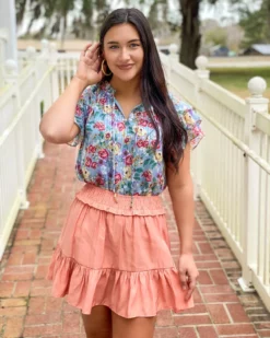 Joy Joy Flutters Layer Sleeve Top (Blue Roses)