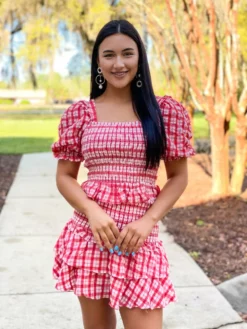 English Factory Plaid Smocked Top With Short Puff Sleeves (Red) Tops