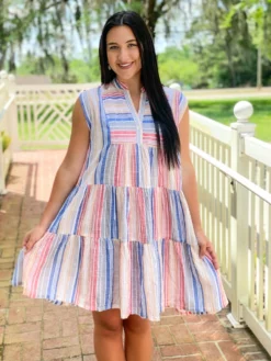 Uncle Frank Awning Stripe Tiered Dress (Multi) Dresses