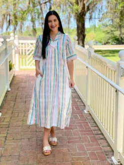 Brooke Wright Designs Dresses Henriette Caftan Dress (Skinny Rainbow Stripe)