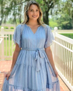 OO Boutique Bell Sleeve Tiered Maxi (Blue Pattern) Dresses