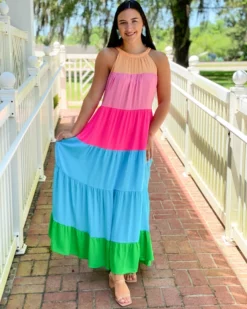 OO Boutique Tiered Halter Maxi Dress (Rainbow)
