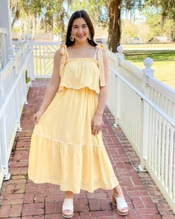 English Factory Midi Dress With Tied Shoulder (Yellow)