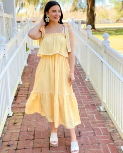 English Factory Midi Dress With Tied Shoulder (Yellow)