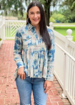 Ivy Jane Tie Dye Peplum Shirt (Blue) Tops