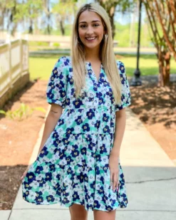 Joy Joy Spliced Neck Tiered Dress (Green Floral) Dresses