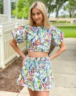 Queen Of Sparkles Tops Tropical Puff Sleeve Jeweled Crop