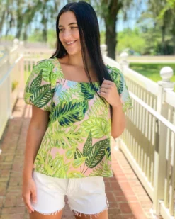 Jade Tops Puff Sleeve Top (Palm Leaves)