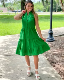 Jade Button Tiered Dress (Green) Dresses
