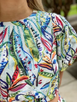 Queen Of Sparkles Tops Tropical Puff Sleeve Jeweled Crop
