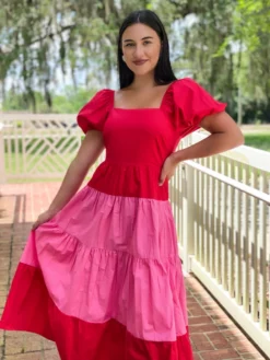 English Factory Dresses Color Block Puff Sleeve Maxi Dress (Red)