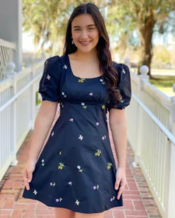 English Factory Floral Embroidery Mini Dress (Black)