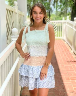 English Factory Floral Embroidery Colorblock Mini Dress (Pink)