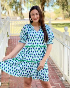 OO Boutique Trim Tiered Dress (Geo Print)