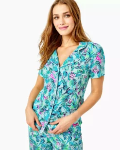 Lilly Pulitzer PJ Knit SS Button Up Top (Barking Up The Palm Tree)