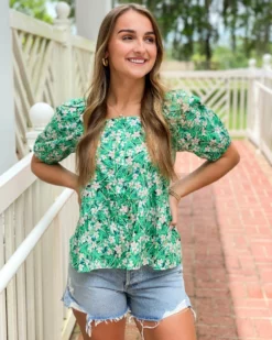 OO Boutique Puff Sleeve Tiered Button Top (Leafy Print)