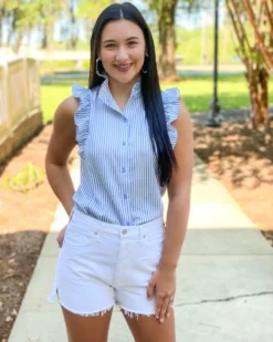 OO Boutique Ruffle Sleeveless Blouse (Blue Stripe)