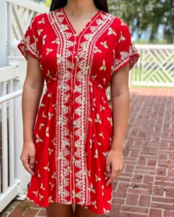 OO Boutique Dresses V-Neck Embroidered Dress (Red)