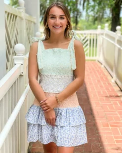 English Factory Floral Embroidery Colorblock Mini Dress (Pink)