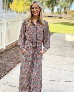 OO Boutique Dresses Lightweight Midi Shirt Dress (Ditsy Floral Print)