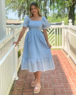 OO Boutique Embroidered Midi With Scalloped Hem (Light Blue) Dresses