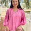 Jade Tops Tie Front Trim Blouse (Pink)
