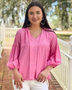 Jade Tops Tie Front Trim Blouse (Pink)