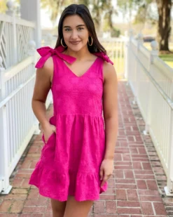 OO Boutique Bow Shoulder Dress (Fuchsia) Dresses