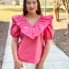 English Factory Tops Ruffle Detail Puff Sleeve Top (Rose) 2 English Factory Tops Ruffle Detail Puff Sleeve Top (Rose)