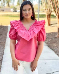 English Factory Tops Ruffle Detail Puff Sleeve Top (Rose)