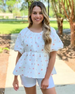 OO Boutique Floral Jacquard Tie Flounce Blouse (White)