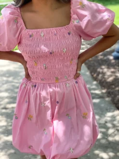 English Factory Floral Embroidery Smocked Dress (Pink Multi) Dresses