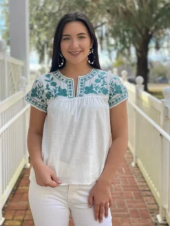 OO Boutique Tops Embroidered Yoke Top (Sage Embroidery)