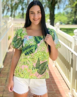 Jade Tops Puff Sleeve Top (Palm Leaves)